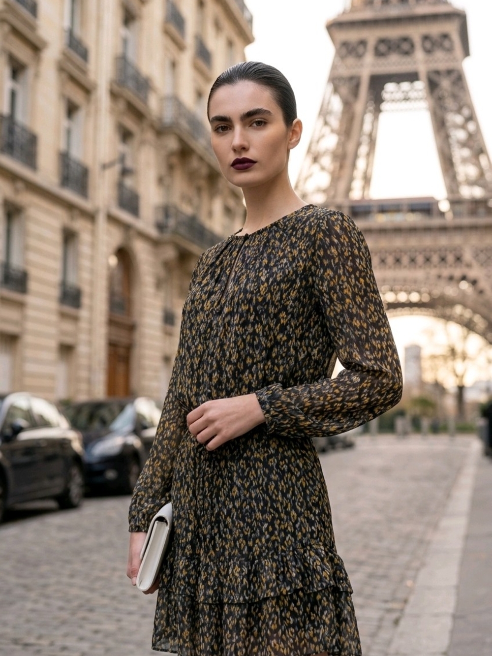 Adelyn Rae Long Sleeve Printed Ruffle Hem Dress - Black Gold And Gray Flecks